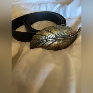 Gold Feather Buckle Black Leather Belt
